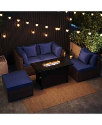 5 Pieces Patio Furniture Set Heavy-duty Frame Rattan Sofa Set with 60,000 BTU Firepit Table