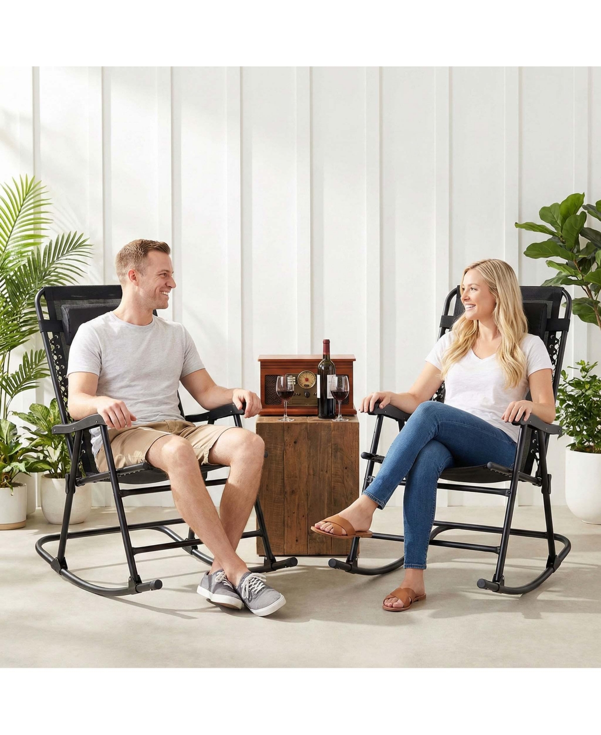 Clihome Set of 2 Folding Leisure Rocking Chair Set, Patio Chairs 2 Person Seating Group