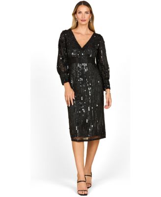Women's Beaded A-line Midi Dress with Long Sleeves