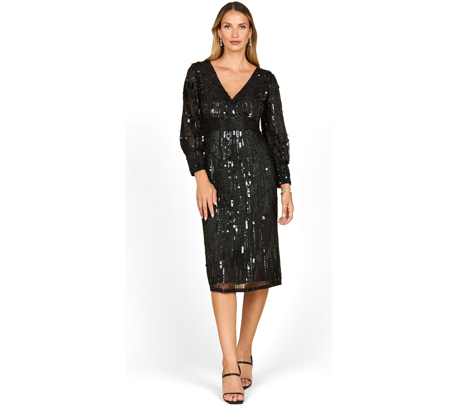 Women's Beaded A-line Midi Dress with Long Sleeves