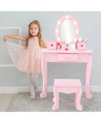 Wooden Kids Vanity Table with Lighted Mirror & Stool, Makeup Playset for Girls Ages 4-9,