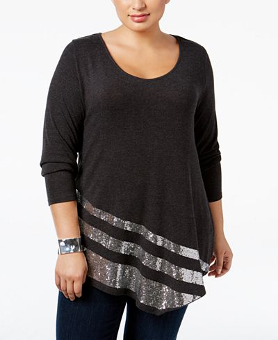 Belldini Plus Size Sequined Asymmetric-Hem Top