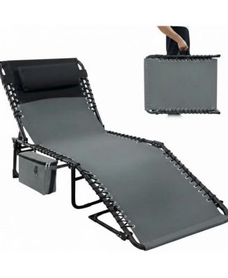 Chaise Lounge Chair Outdoor, 5-Position Adjustable Sun Tanning Chair with Carrying Handle and Side Pocket, Removable Pillow
