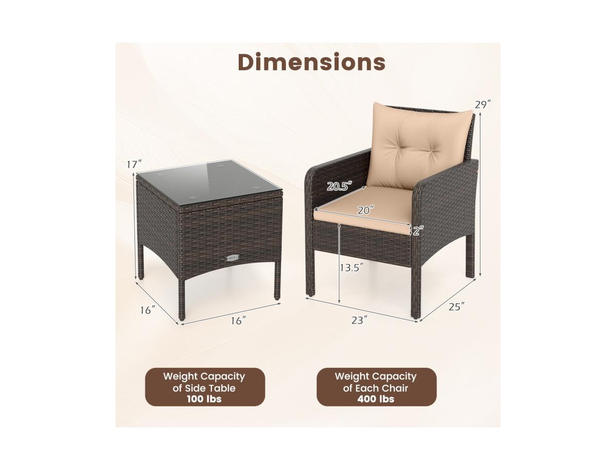 Boyel Living 3 Pieces Patio Pe Wicker Furniture Set with Cushions for Porch and Balcony