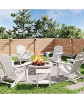HDPE All-Weather Wood Texture Set of 4 Folding Adirondack Chairs with 2-Tier Side Table