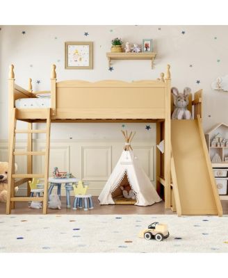 Twin Loft Bed with Storage, Wardrobe, and Slide, Solid Wood