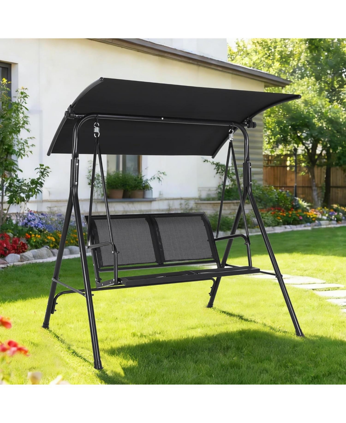 gaomon Porch Swing With Adjustable Canopy For Adults 2-Seat Outdoor Waterproof Textilene And Steel Frame Patio Swing Bench