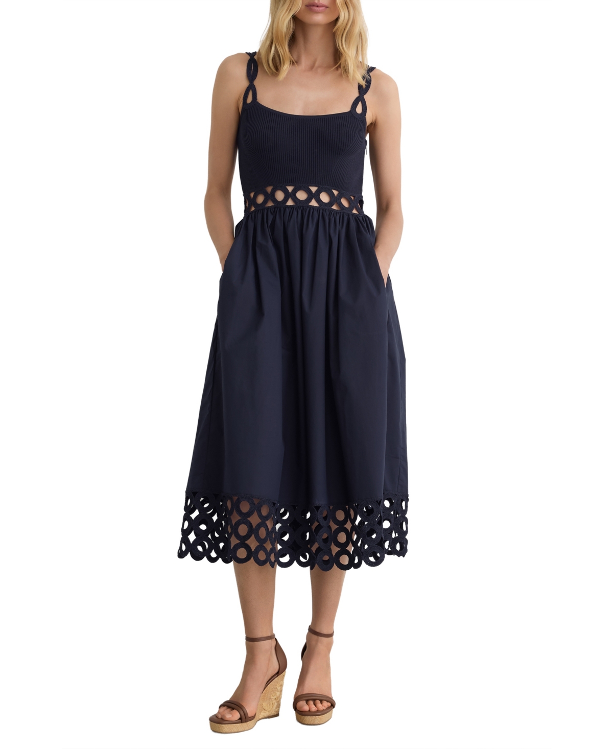 Reiss Women’s Rib-Knit Woven Mix Cut-Out Midi Dress – Navy