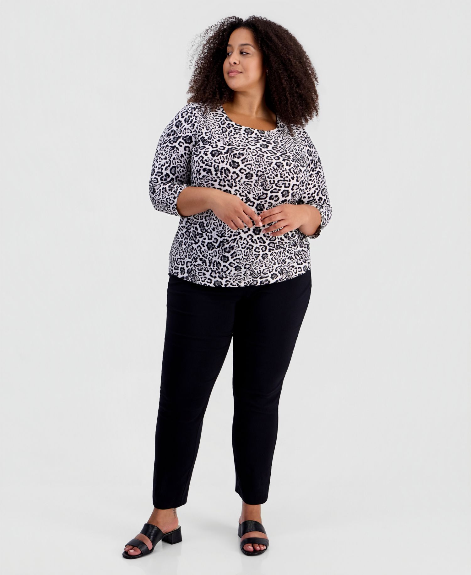 Petite Leopard-Print 3/4-Sleeve Scoop-Neck T-Shirt