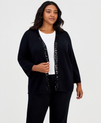 Plus Size Sequin-Embellished Open Front Cardigan