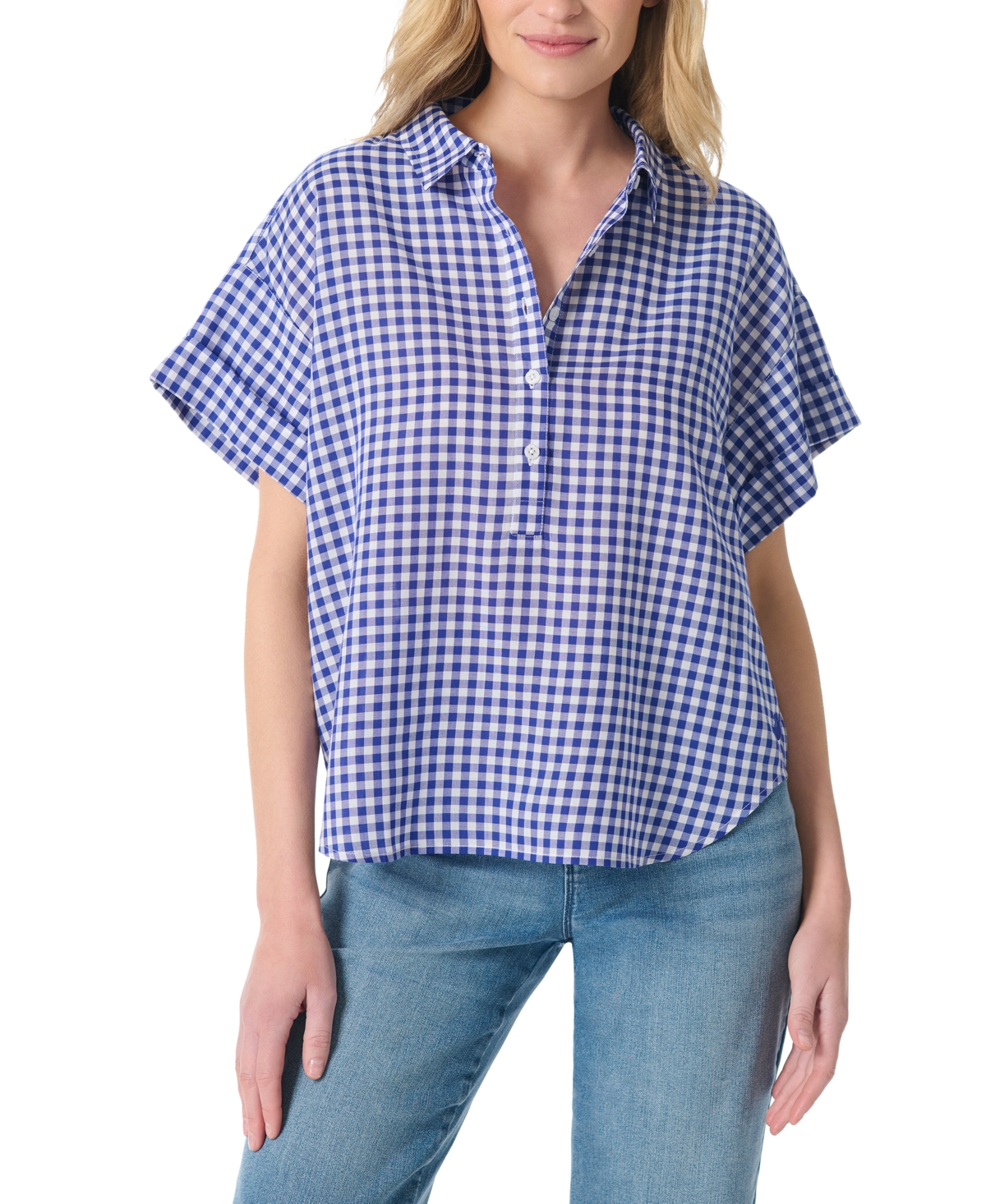 Gloria Vanderbilt Women's Austin Gingham Print Short-Sleeve Top - Lagoon Blue Gingham