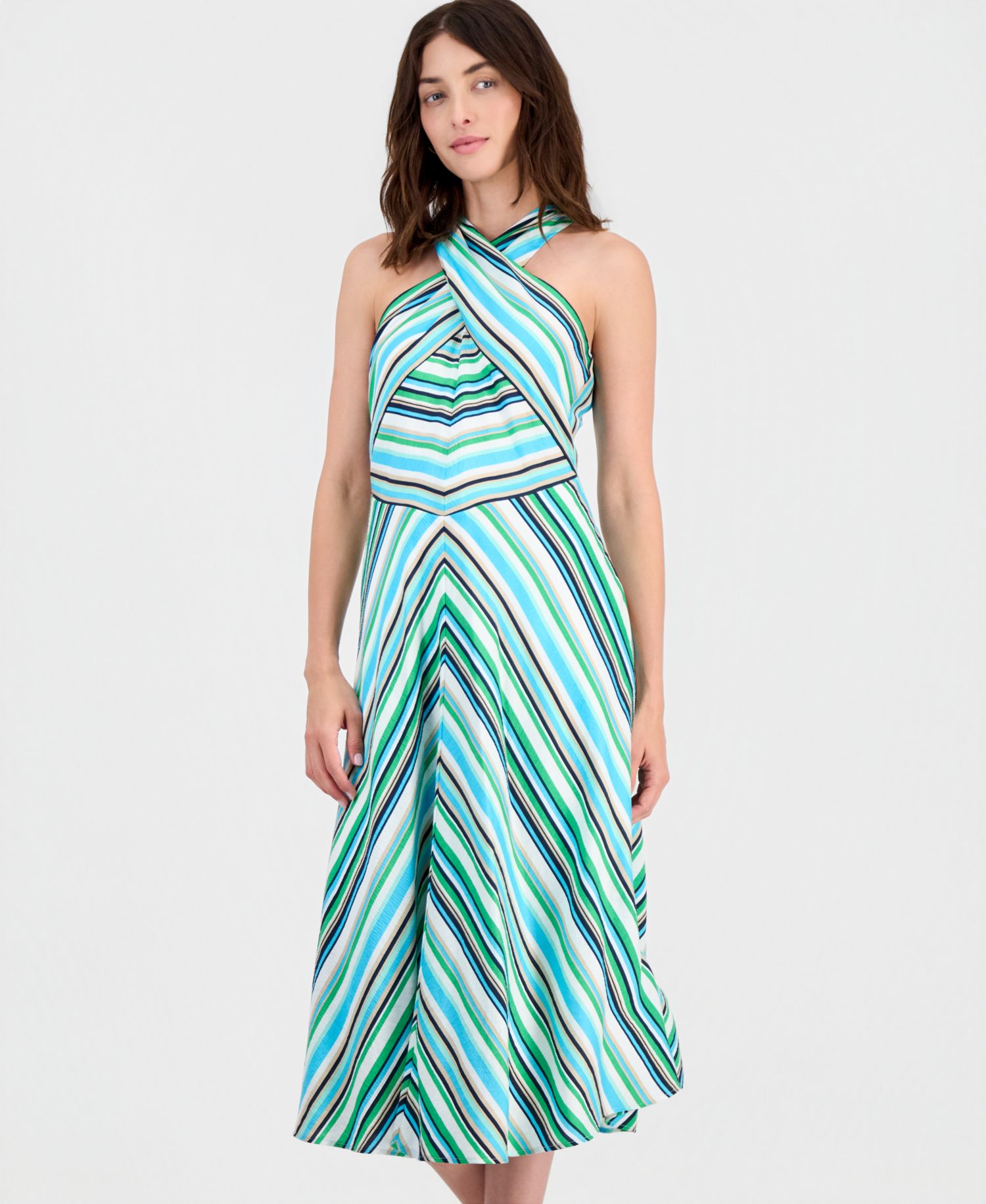Women's Striped Crisscross Halter Midi Dress
