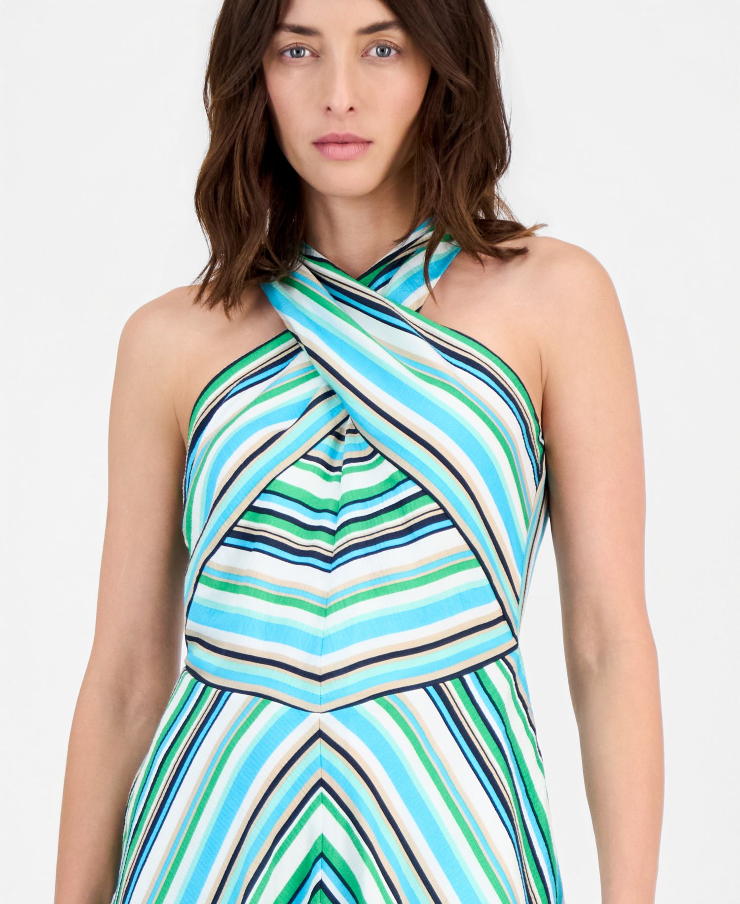 Women's Striped Crisscross Halter Midi Dress
