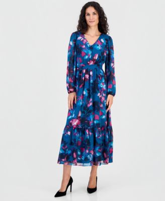 Women's Floral Balloon-Sleeve Smocked-Back Maxi Dress