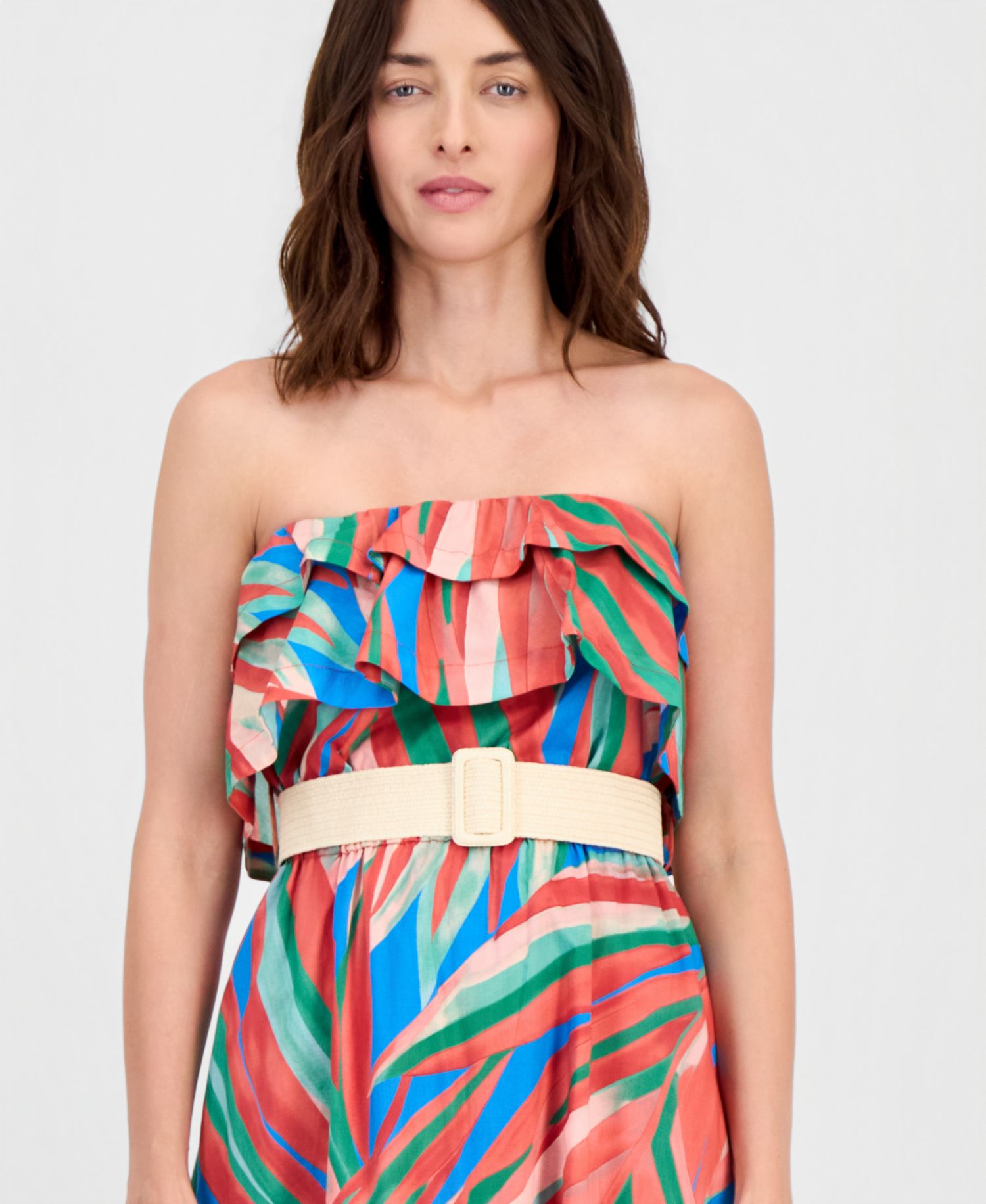 Women's Strapless Tropical Ruffled Maxi Dress