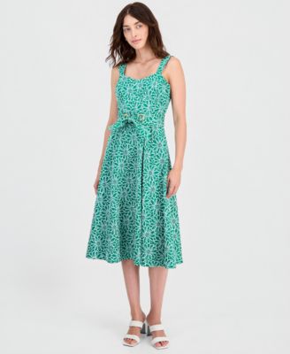 Tahhari ASL Women's Cotton Eyelet Belted Midi Dress