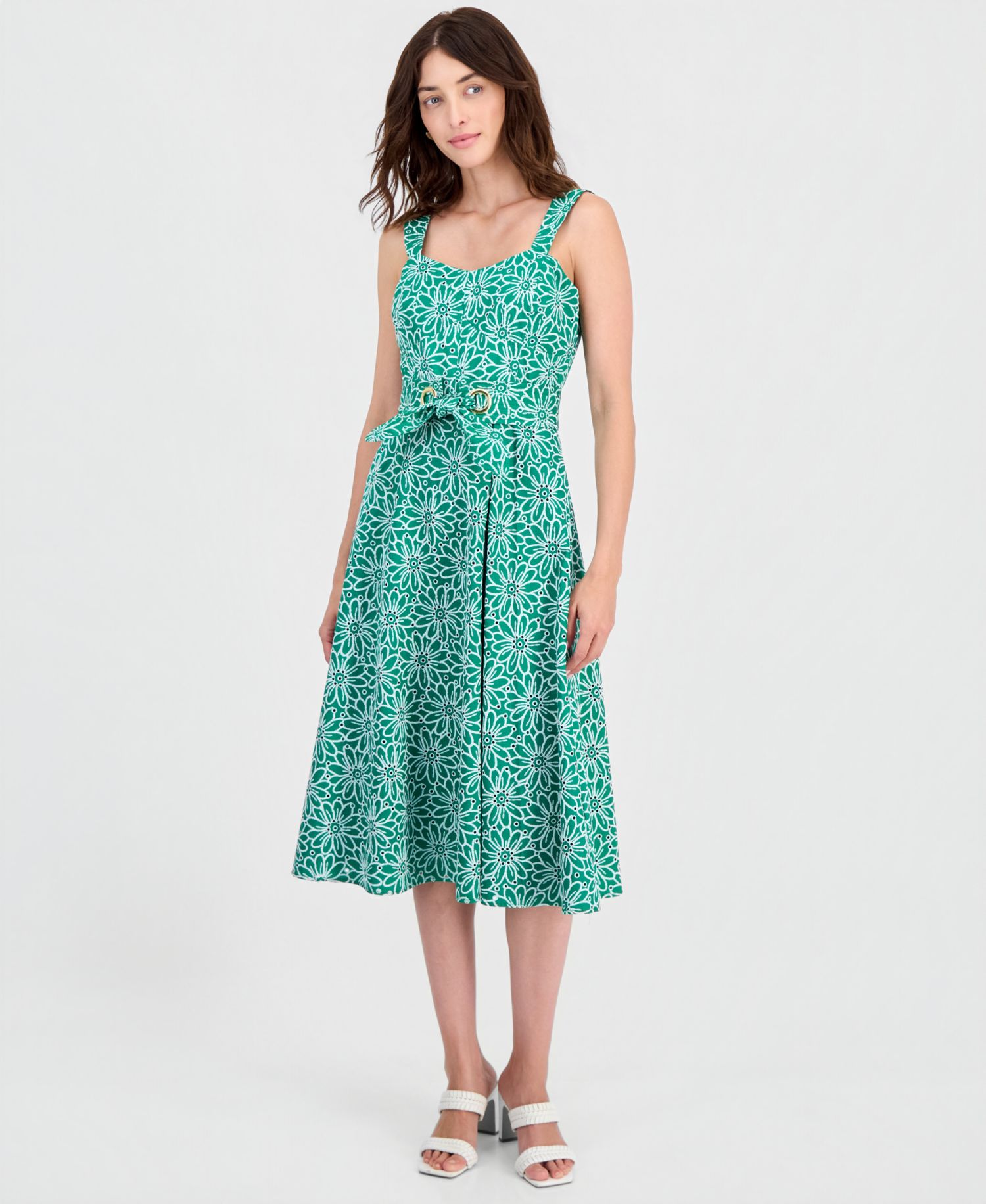 Tahhari ASL Women's Cotton Eyelet Belted Midi Dress
