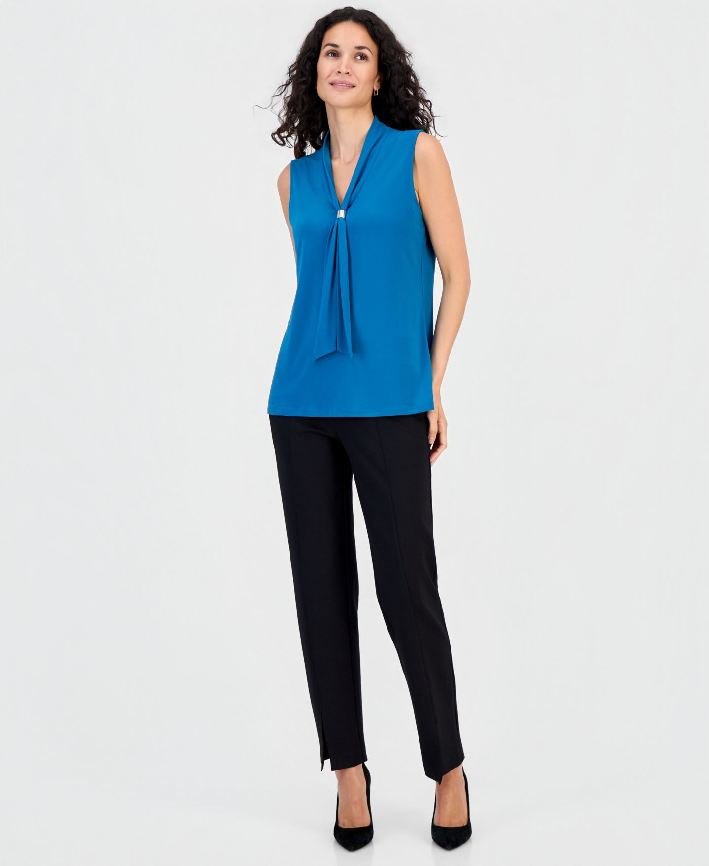 Женская блузка Kasper Embellished Tie-Neck Sleeveless Blouse, цвет: Бирюзовый — фото 2