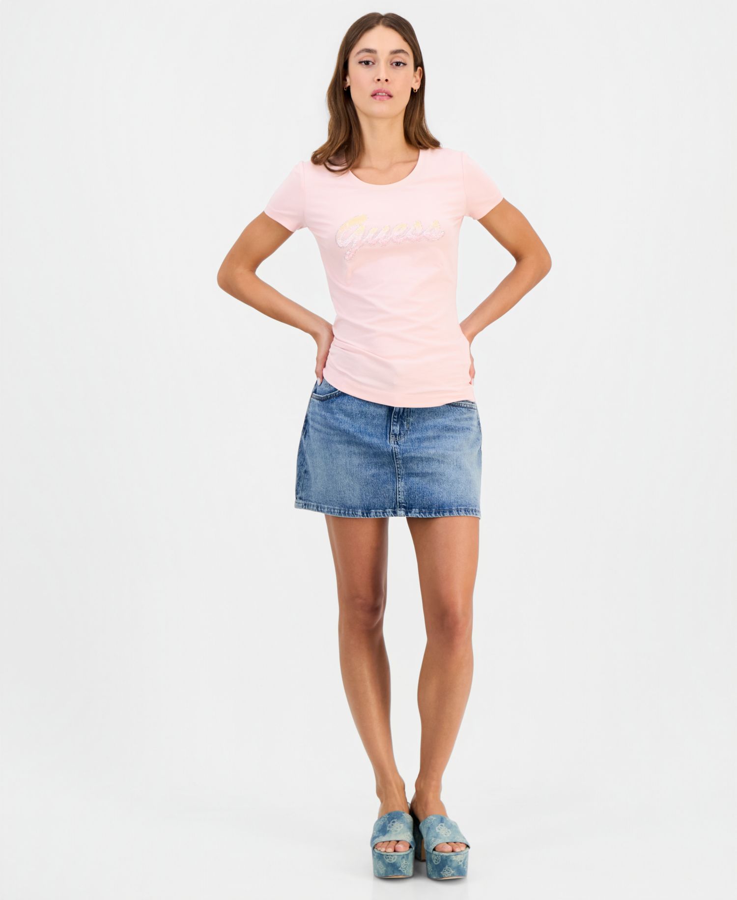Women's Short-Sleeve Crewneck Degrade Paillette Logo T-Shirt