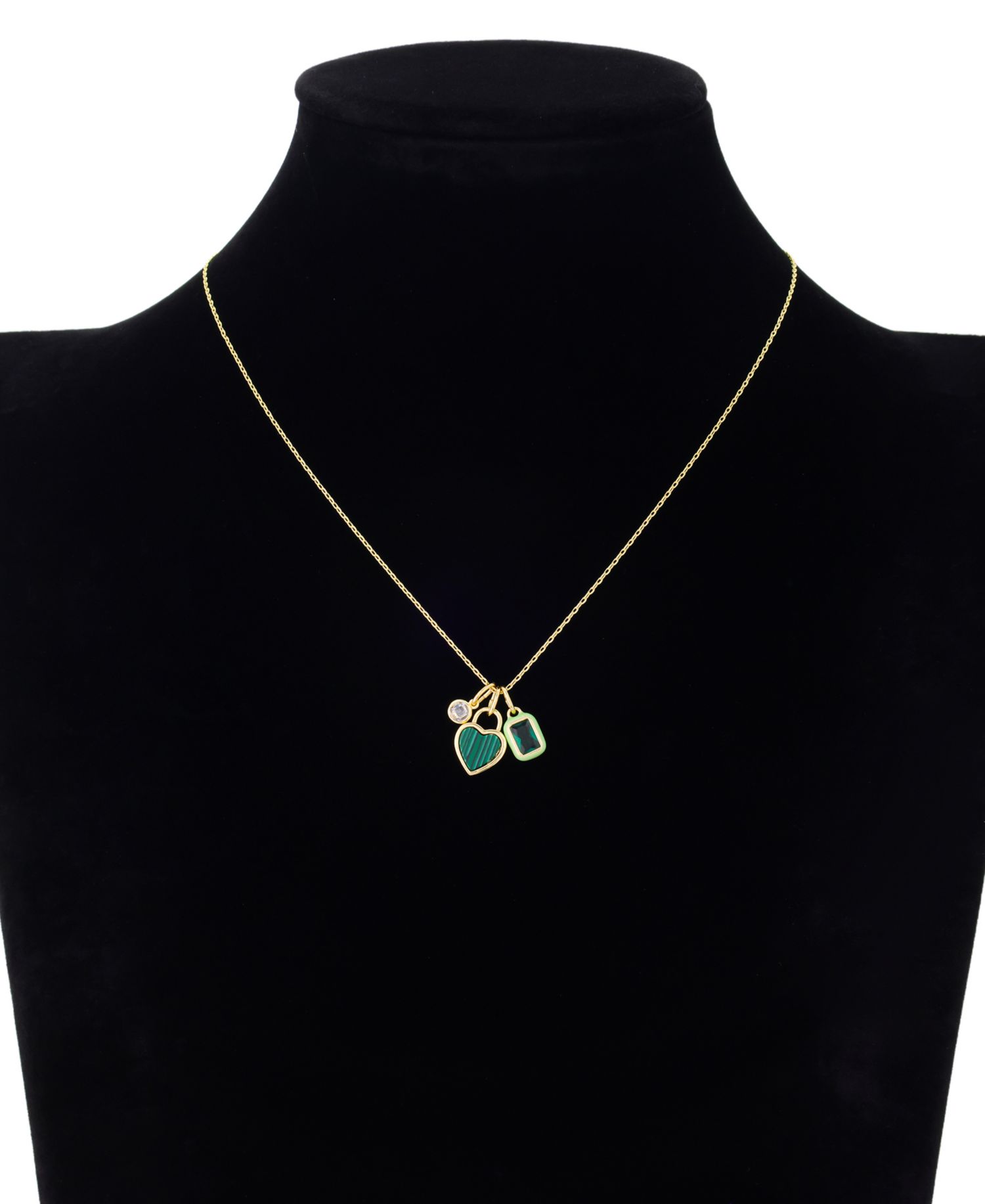 Cubic Zirconia Gold-Tone Plated Malachite Stone Cluster Charm Necklace
