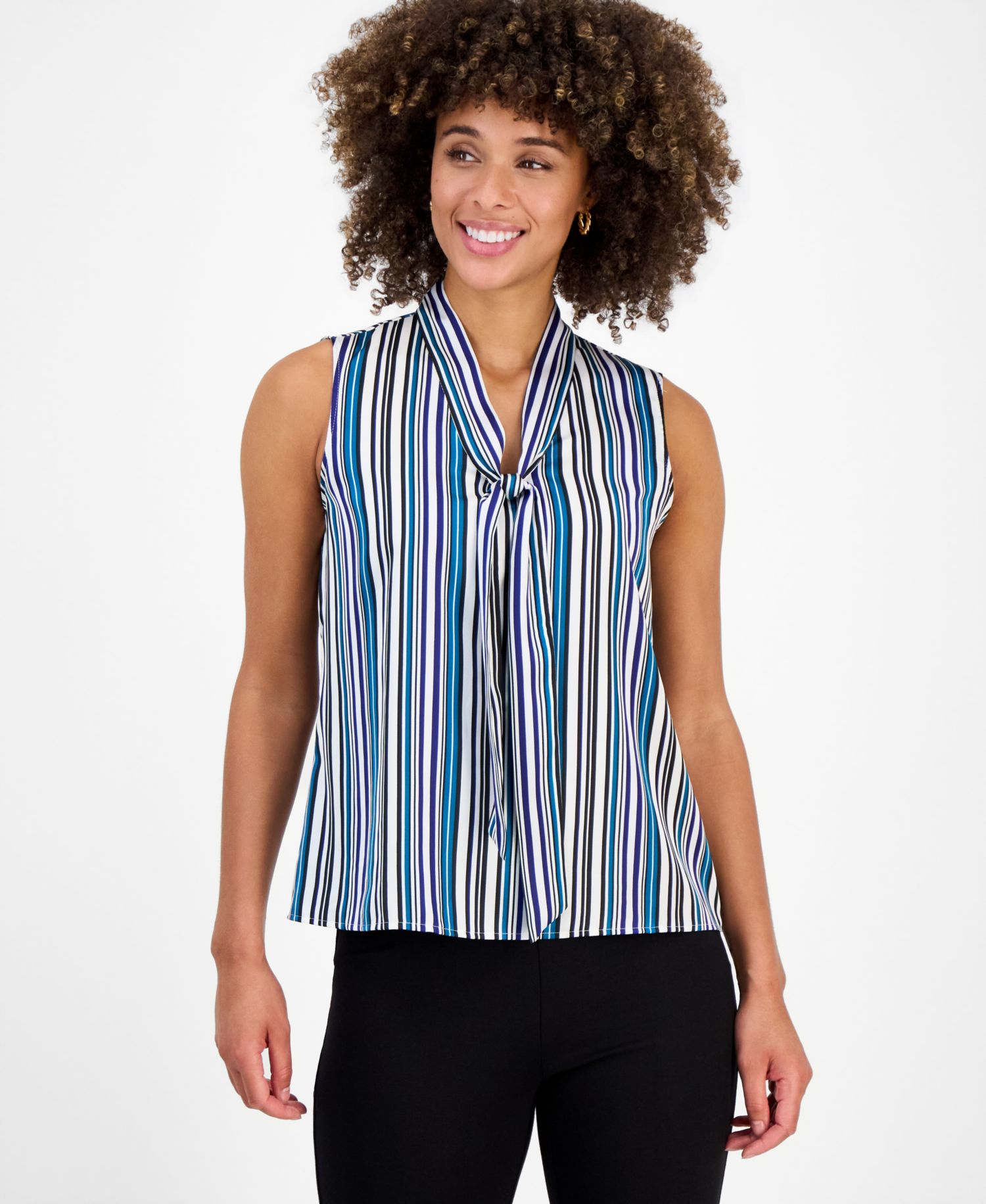 Women's Printed Tie-Neck Sleeveless Blouse