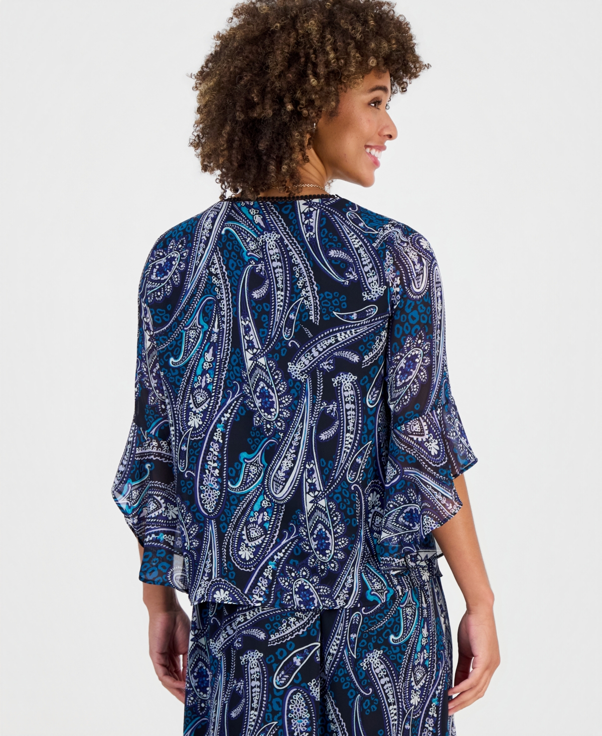 Kasper Petite Printed V-Neck Ruffle Sleeve Chiffon Top