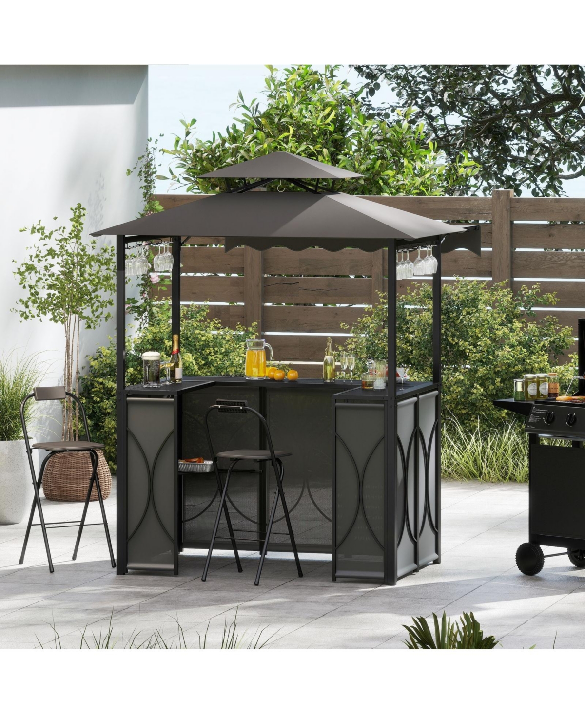 Sugift Outdoor Grill Gazebo with Double-Tier Canopy and 2 Bar Chairs