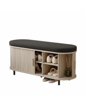 43" Shoe Bench Storage Sliding Door Adjustable Shelf Fluted Cushion Entryway Hallway Living Room