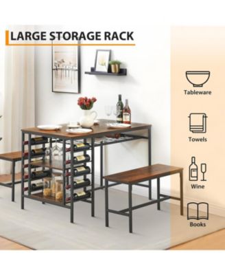 3-Piece Dining Set for 4, Table with 2 Benches, Wine Rack & Storage