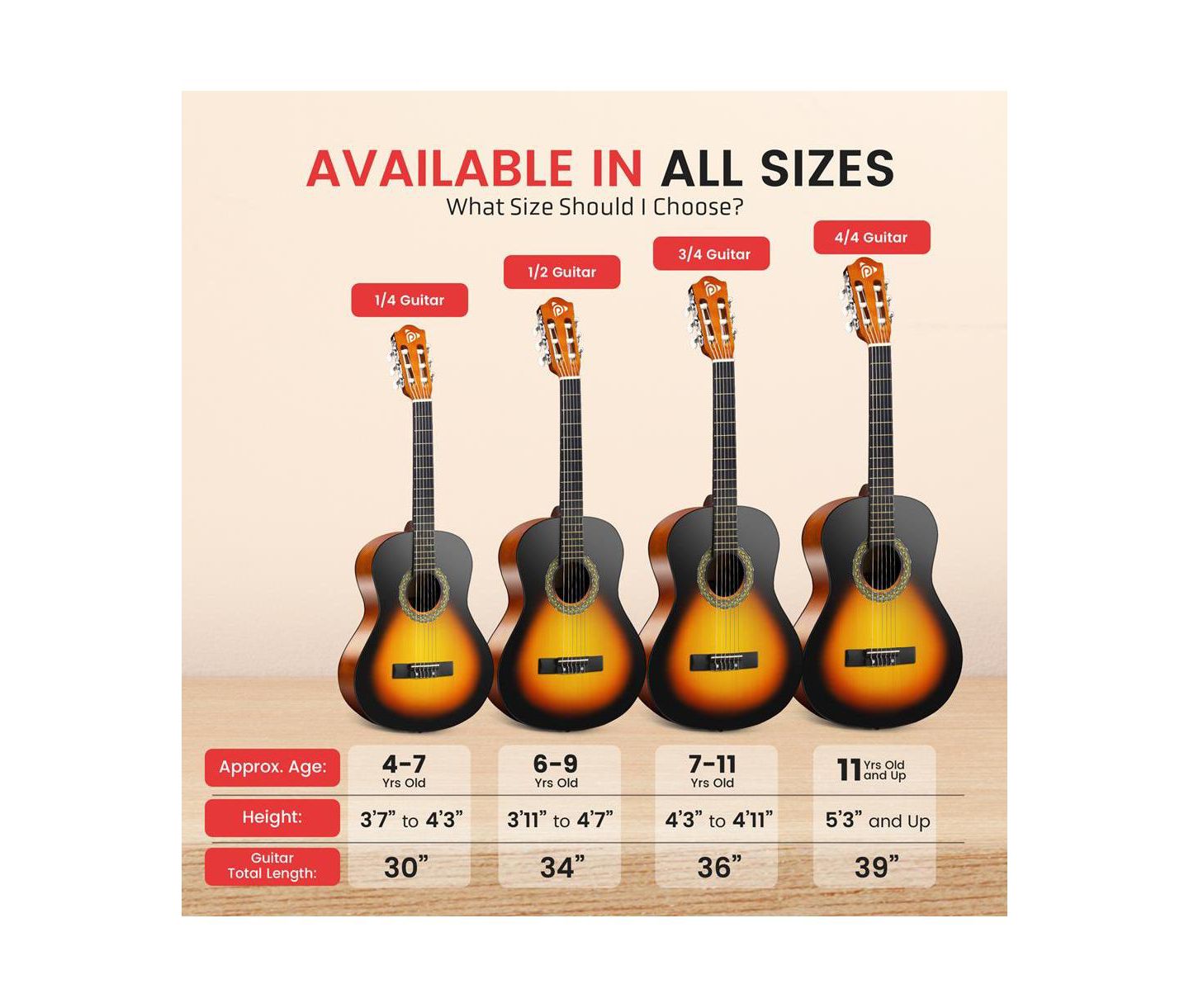 Детские игрушки Pyle 34" 6-String Classic Guitar with Digital Tuner and Accessory Kit, цвет: Коричневый — фото 5