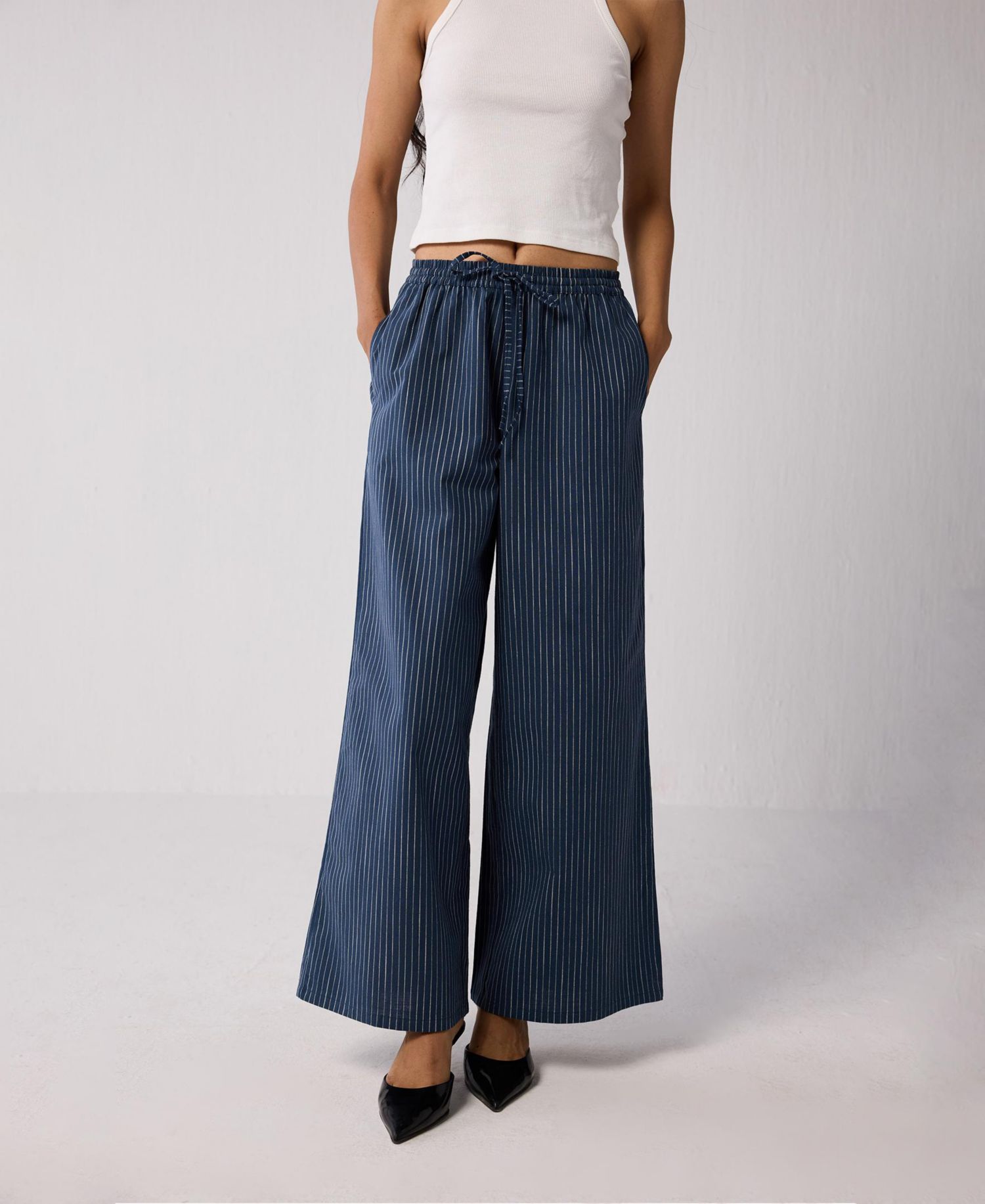 Women's Wide-leg Drawstring Pants with Stripes