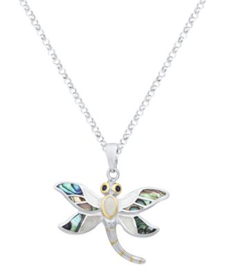Abalone & Mother of Pearl Dragonfly Pendant Necklace in Sterling Silver