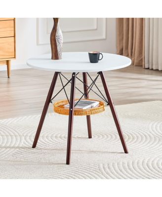 Circular Dining Table with Walnut Legs and Woven Storage Basket