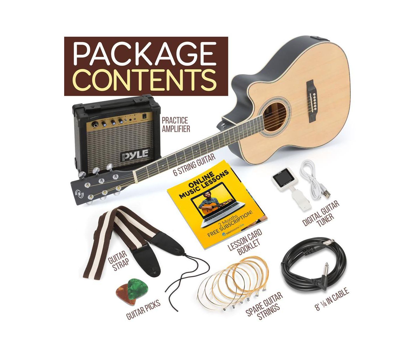 Детские игрушки Pyle Electric Acoustic Guitar Kit - 6-String Guitar with Amplifier, Digital Tuner, and Accessories, Natural Finish — фото 9