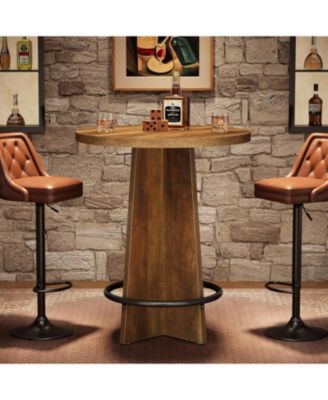 Tall Wooden Bar Table with Base and Metal Ring Footrest Round