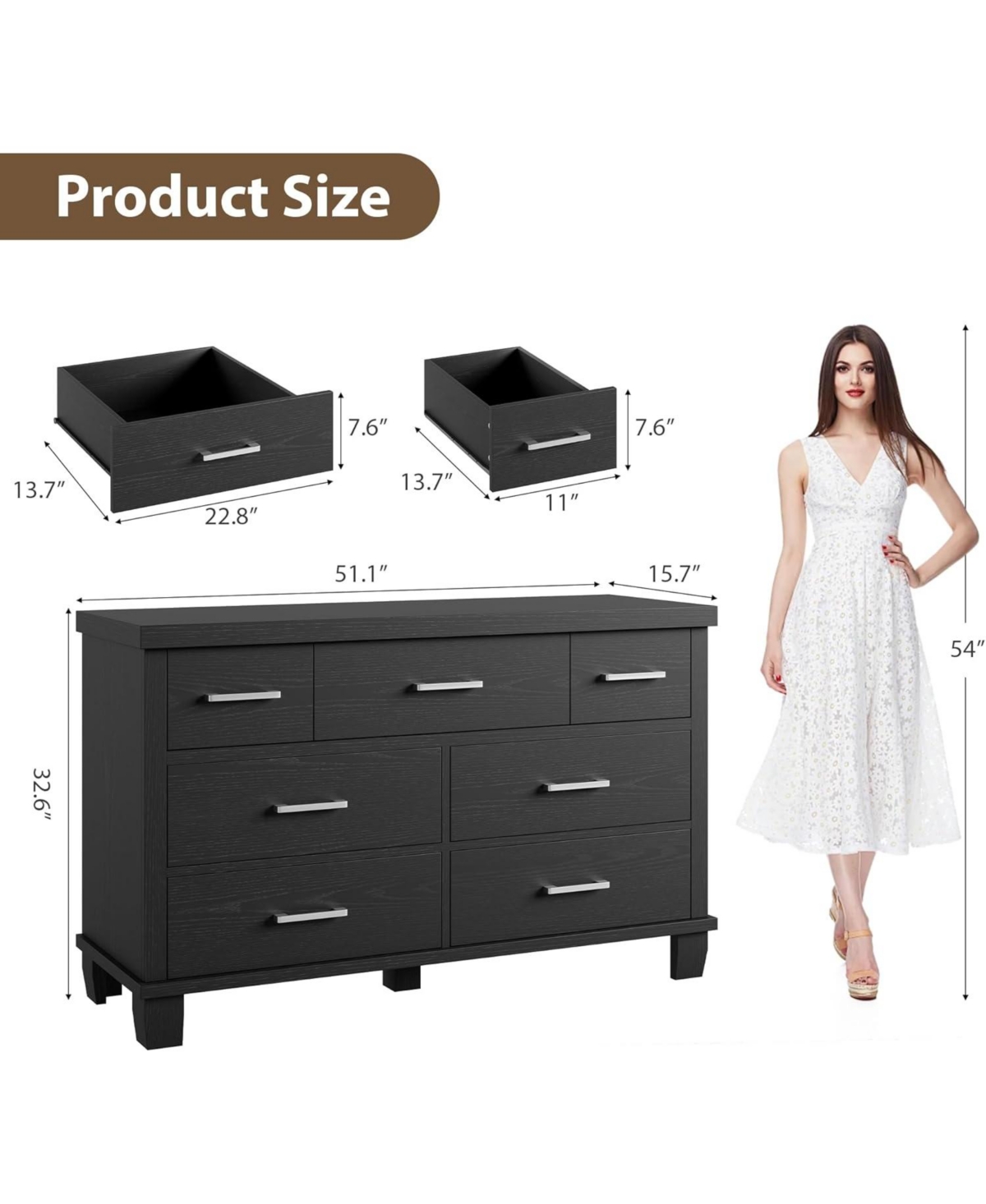 gaomon 7 Drawer Wood Dresser with Metal Handles, Storage Chest for Bedroom, Closet, Entryway, Nursery