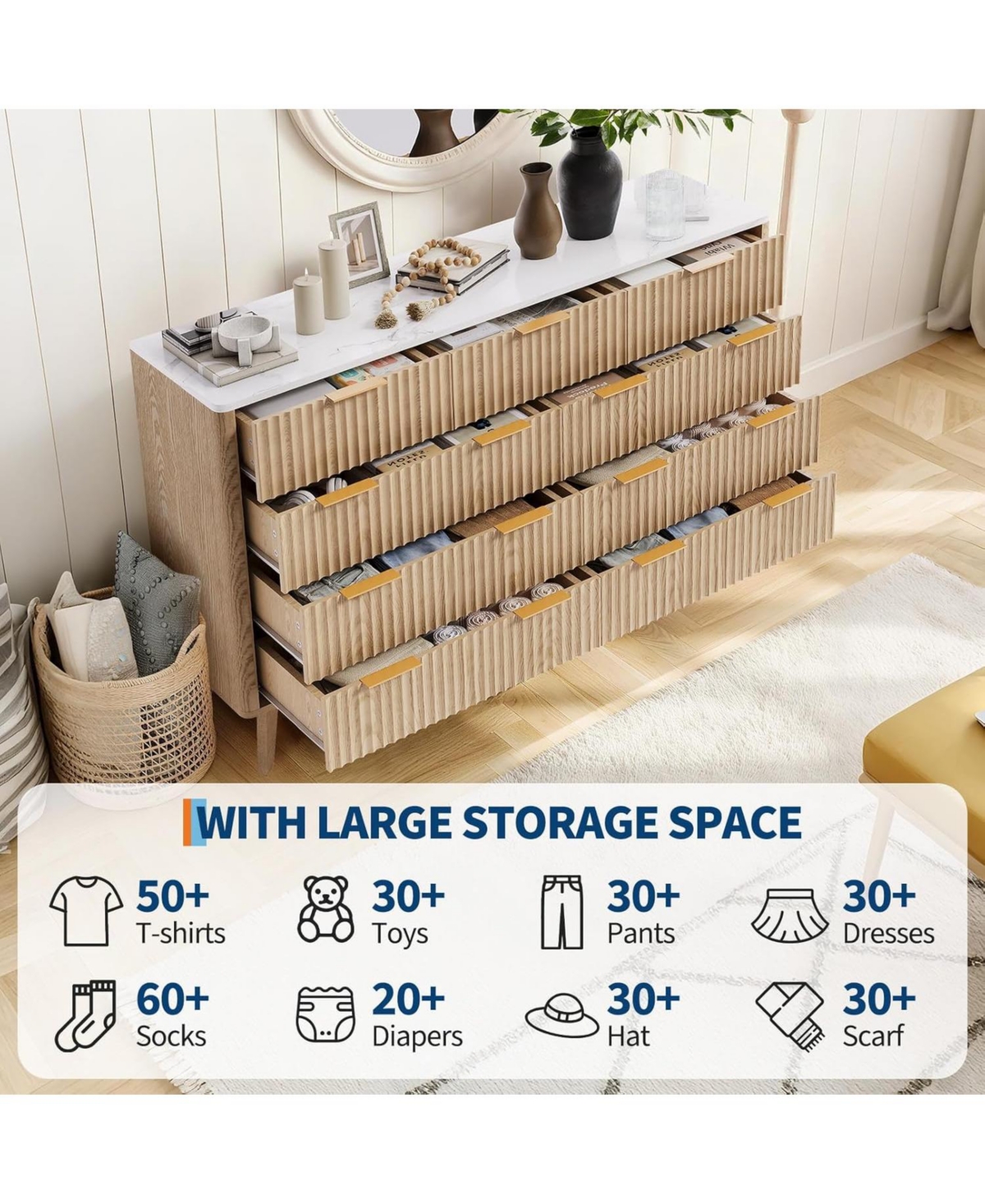 gaomon 9 Drawer Fluted Dresser with Metal Handles, Curved Wood Tv Stand for Bedroom, Living Room.