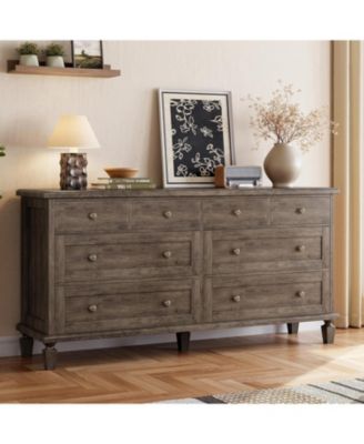 8 Drawer Dresser for Bedroom, Vintage 59" Long Dresser TV Stand with Carved Handles and Tapered Legs, Wood Chests of Drawers