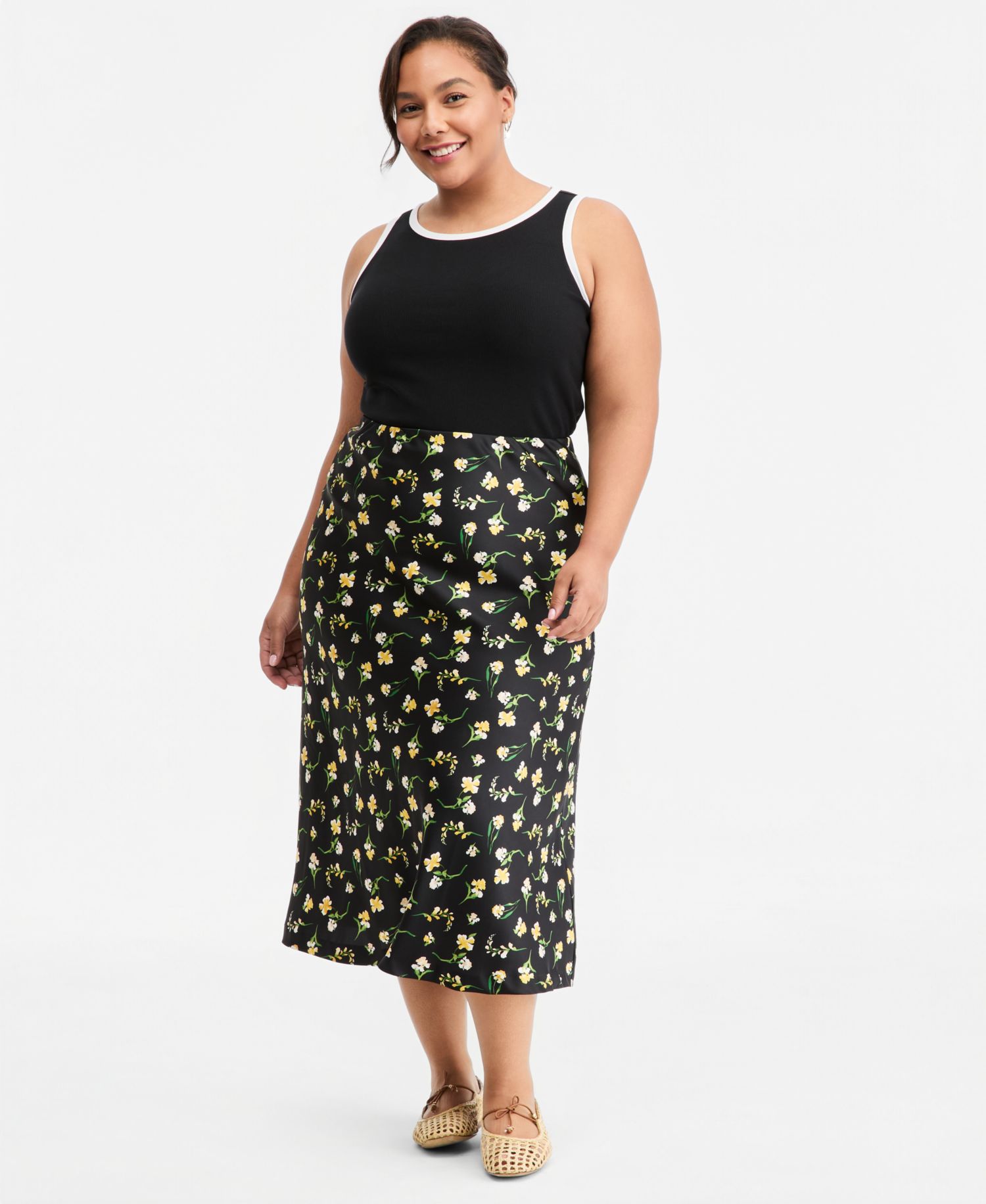 Trendy Plus Size Floral Midi Slip Skirt