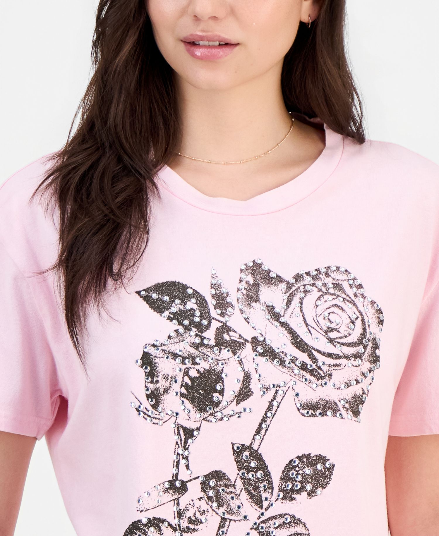 Juniors' Rose Mineral-Wash Rhinestone Short-Sleeve T-Shirt