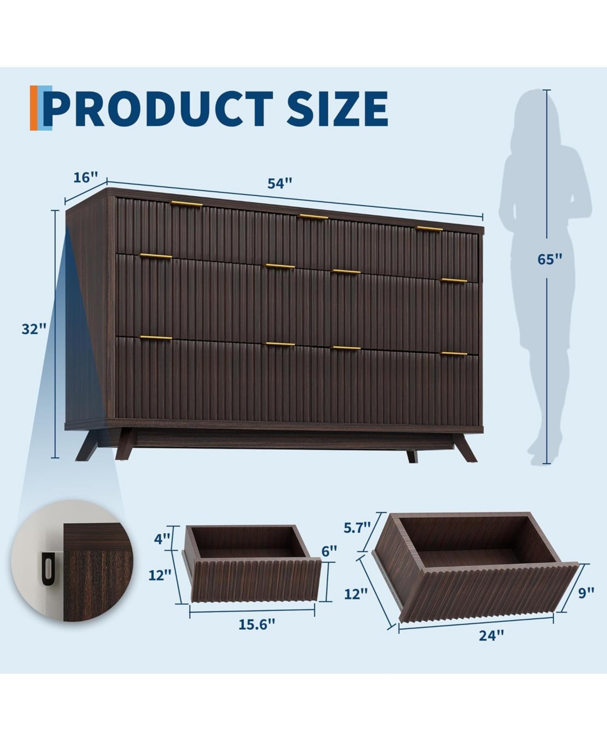 gaomon Drawer Fluted Wood Dresser, Curved Mid-Century Storage Cabinet for Bedroom, Living Room.