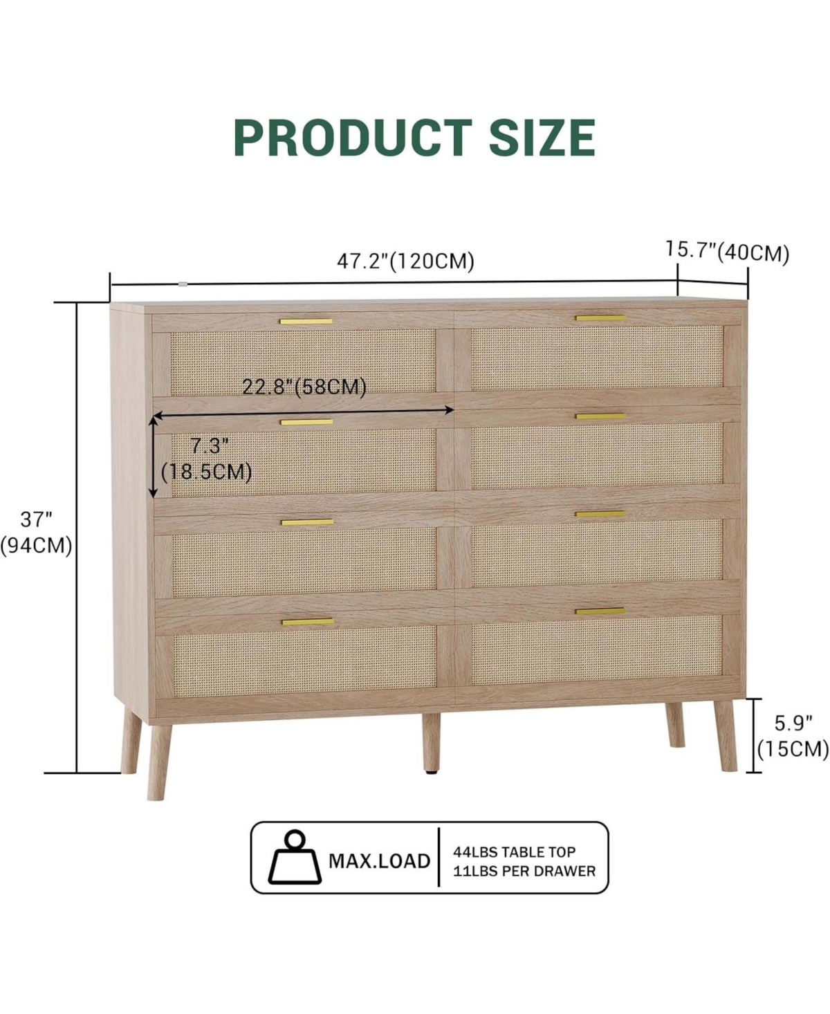 gaomon 8-Drawer Natural Rattan Dresser with 5 Legs & Gold Handles.