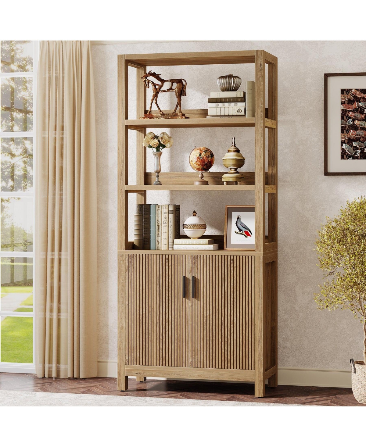 Slickblue Wooden Storage Bookshelf with 3-Tier Open Shelves and Door Cabinet