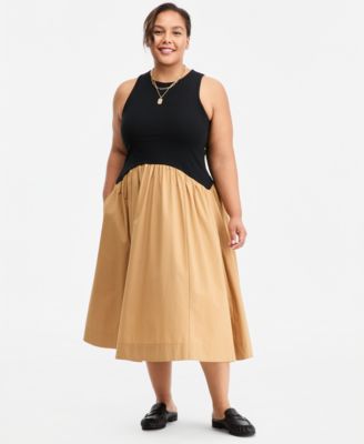 Plus Size  Curved-Waist Mixed-Media Midi Dress