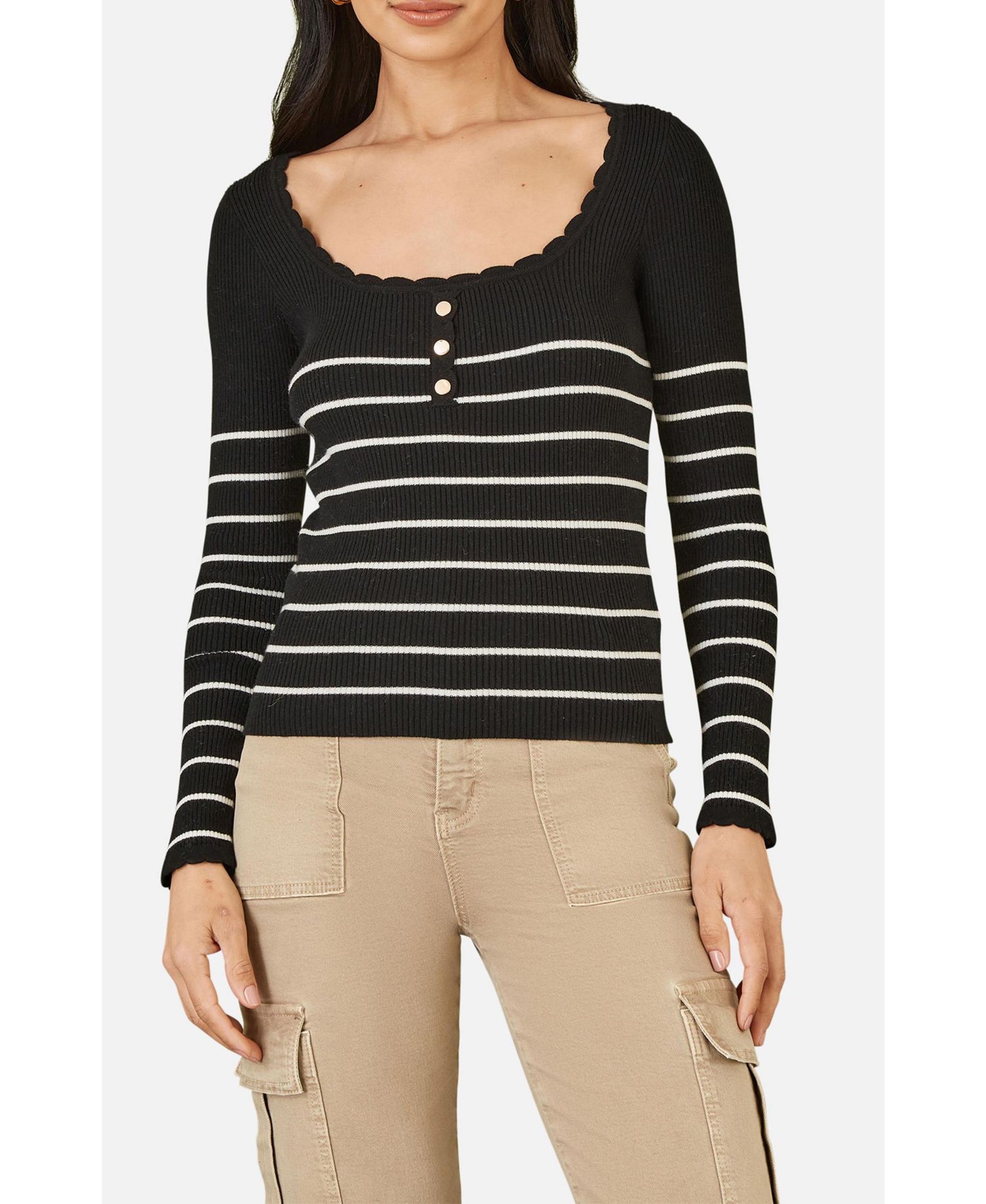 Women's Button Detail Long Sleeve Rib Knit Top