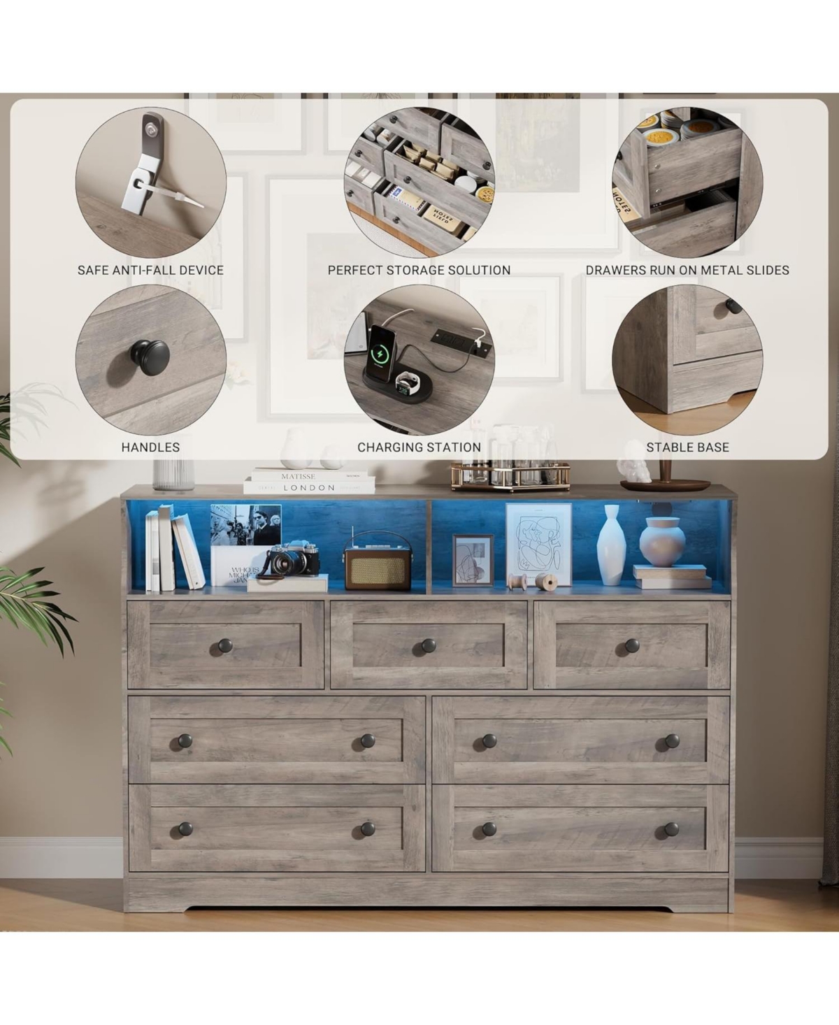 gaomon 7 Drawer Wood Dresser with Usb Charging & Led Lights, 2 Open Cubbies