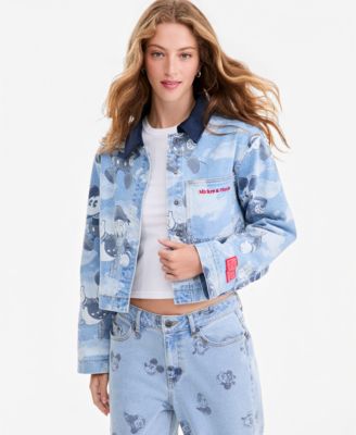 Women's Mickey & Friends Parade Balloon Printed Cropped Denim Jacket