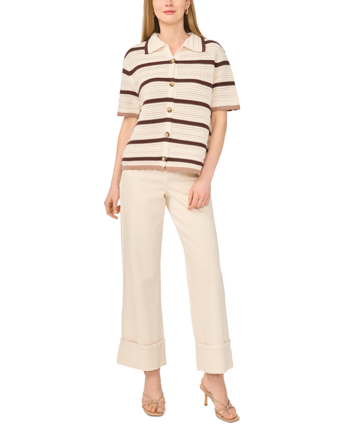 Женская рубашка 1.STATE Collared Striped Short-Sleeve Button-Down, цвет: Состаренный белый — фото 2