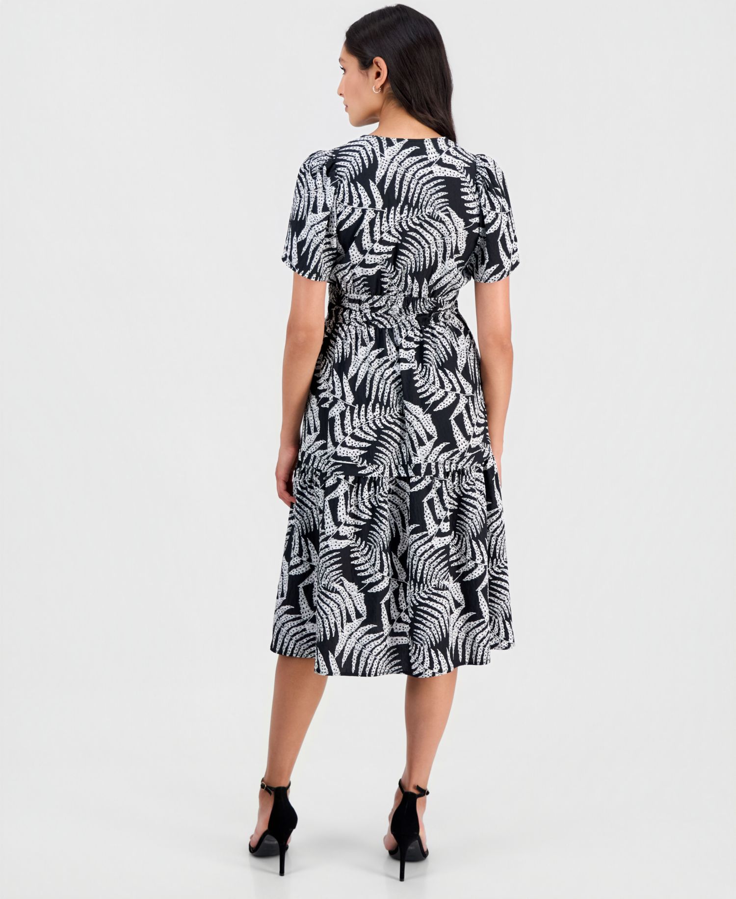 Women's Printed Smocked-Waist Short-Sleeve Midi Dress