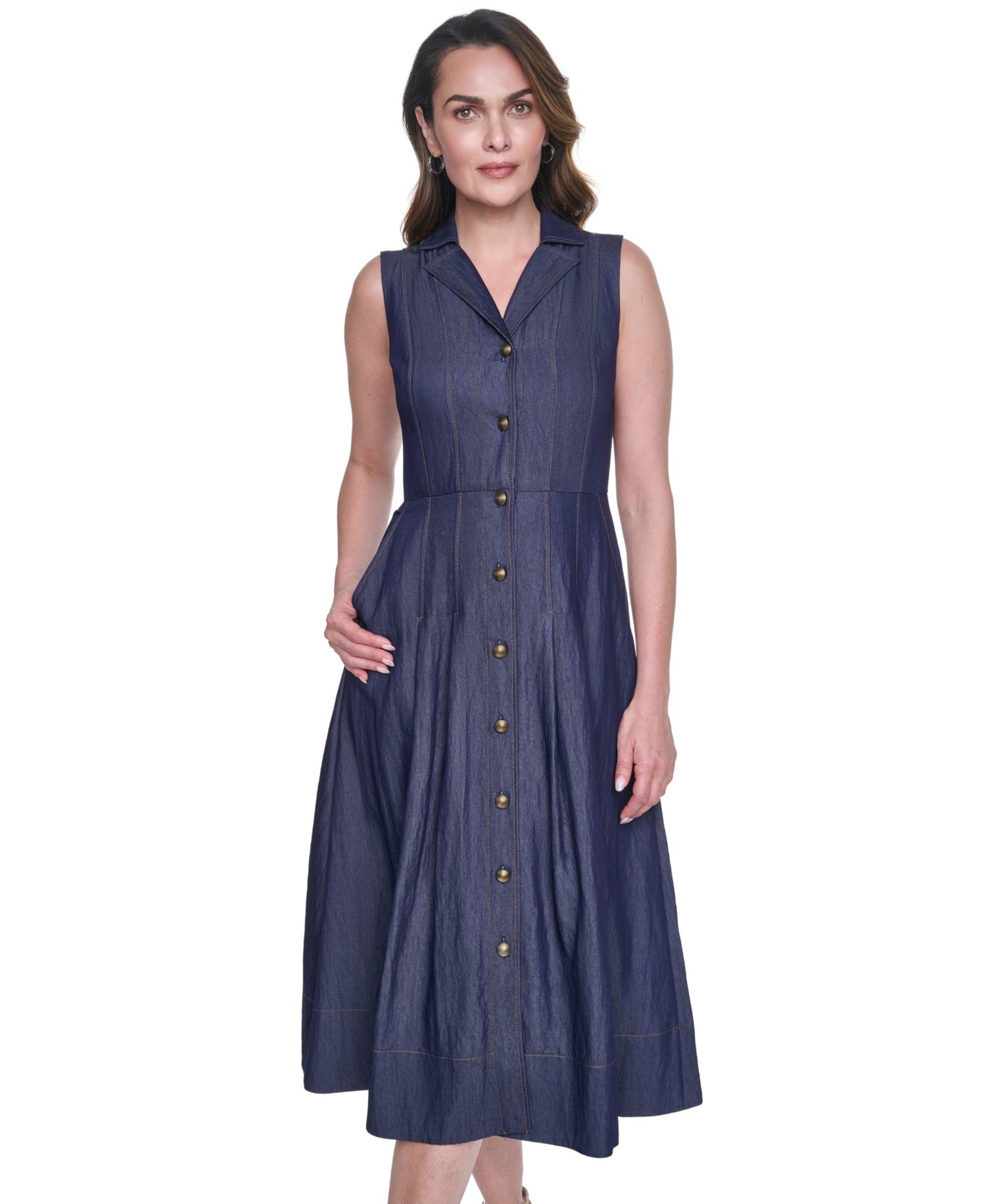 Women's Denim Sleeveless Midi Shirt-Dress